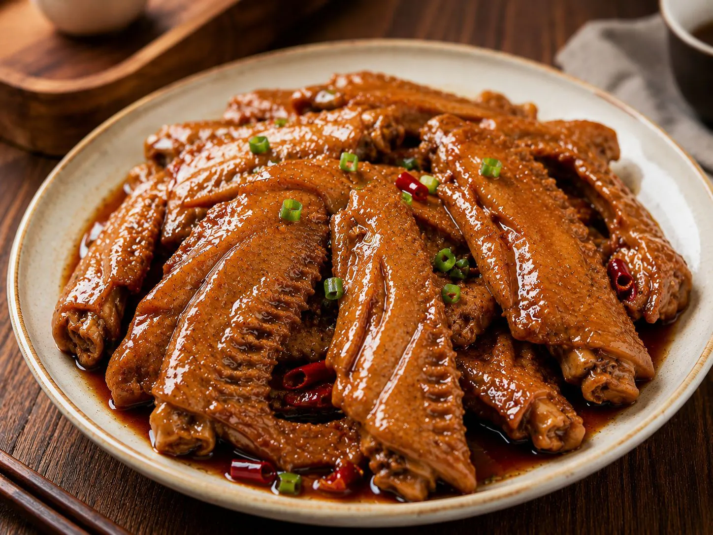 Spiced braised chicken wings topped with chili and green onion at Braised Canaan, a Chinese Restaurant in Flushing
